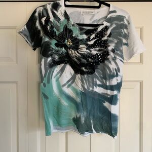Laura Petites Green & White Floral Embellished Women's Tee